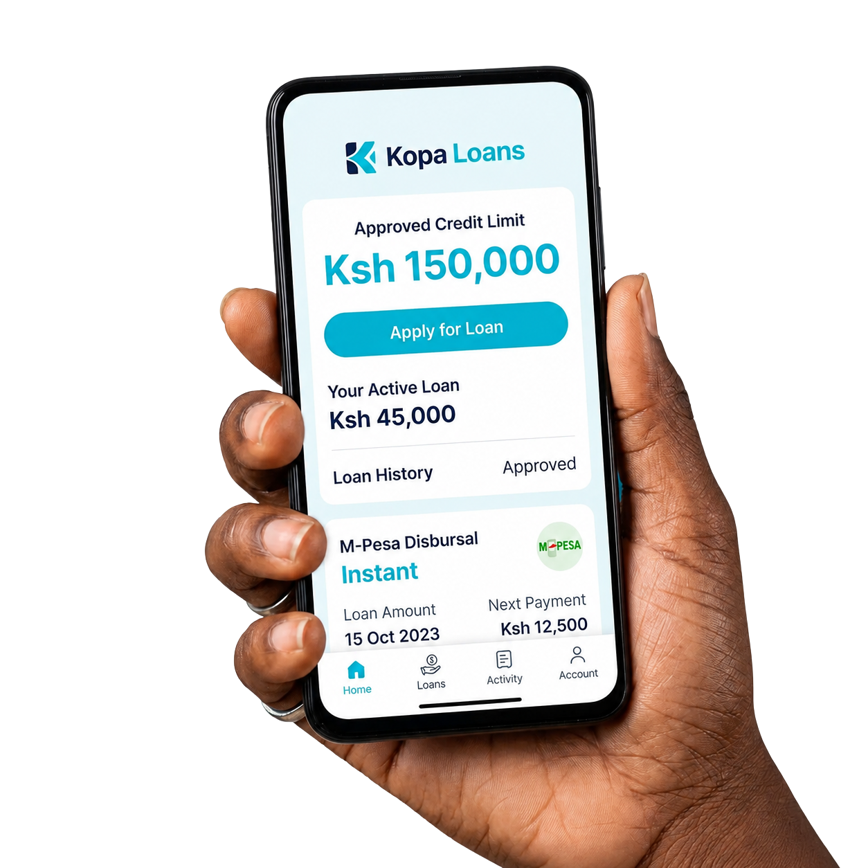 Kopa loan app dashboard on smartphone held by a Kenyan hand
